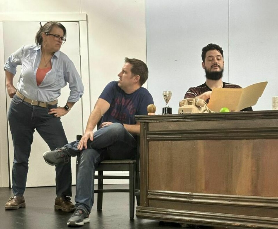 Kathy Bigler-Korns, left, Scott Cooley and Michael Antonelli rehearse for The Little Theatre of Tuscarawas County’s next production, “Being of Sound Mind.” Little Theatre to present black box farcical comedy