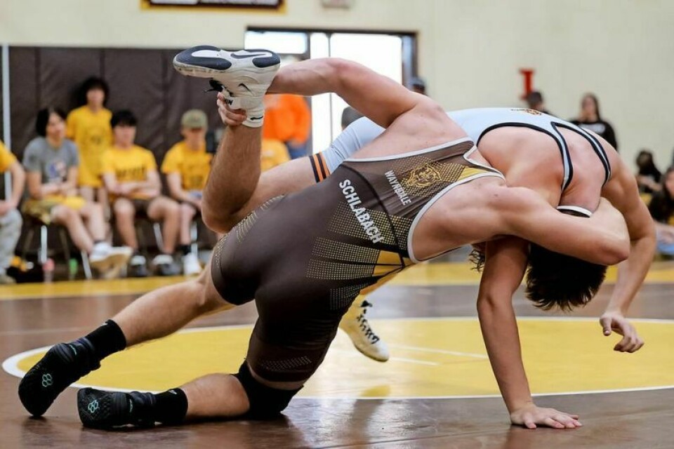 A key contributor to what coach Louie Stanley said might be the best dual team he’s coached at Waynedale is 175-pounder Jaden Schlabach, left, shown here on his way to a win over state-ranked Kaden Russell of Dalton. Bears growling again, but haven’t hit their peak yet