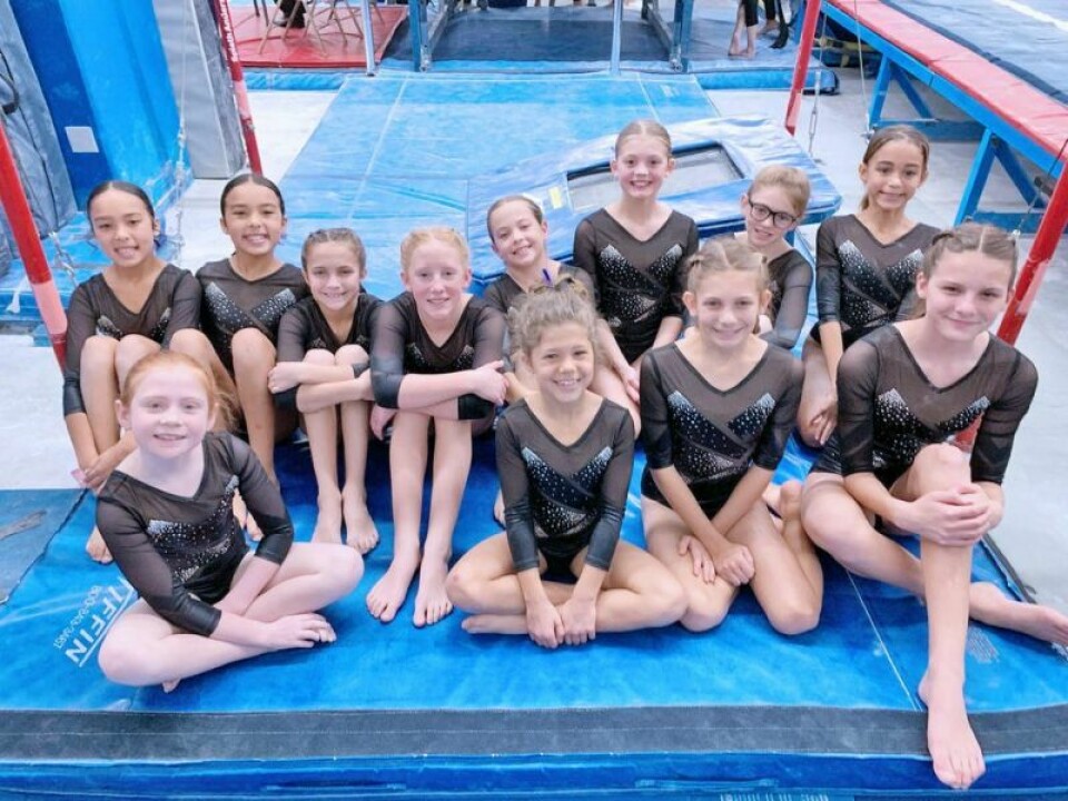 Level 3 gymnasts included Elizabeth Brantley, front row, Ari Burcher, Norah Russell, Skyler Kellerman; back row, Alaysia Garner, Aaliyah Garner, Everleigh Cowan, Alyse Mello, Teagan McDonald, Peyton Lewis, Ally Kerns and Jordynn Roden. Gymnastics team competes in NEO YMCA league meet
