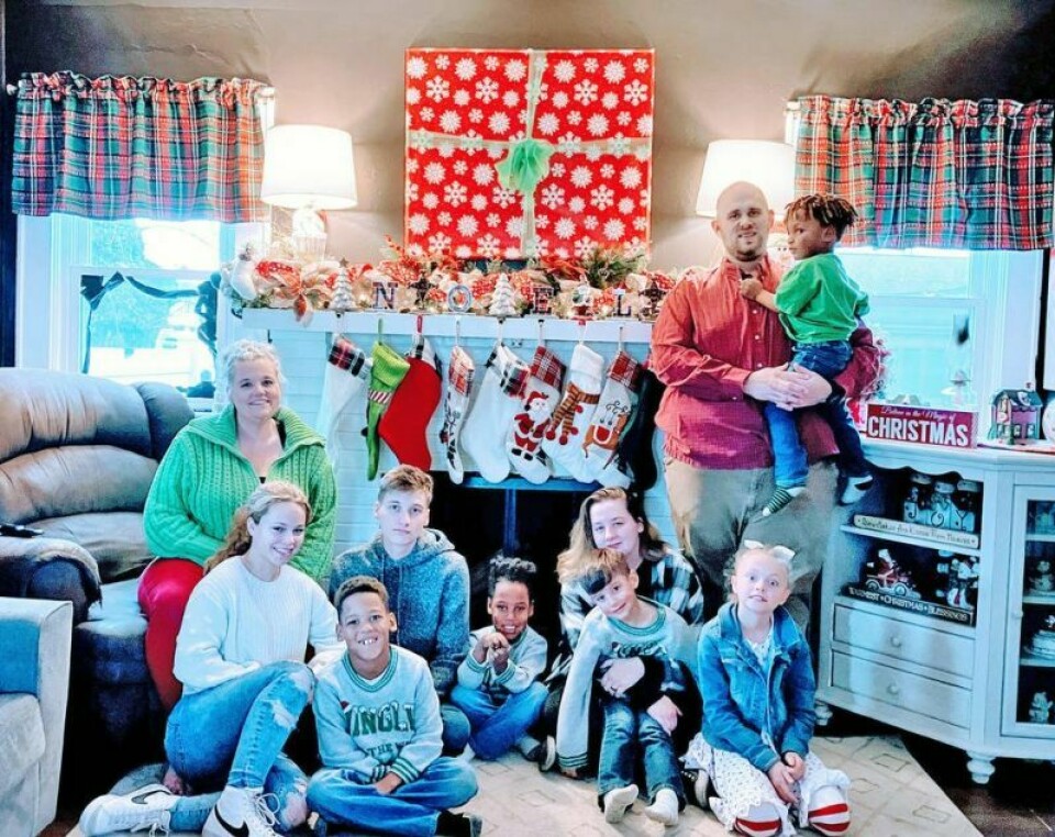 Crissy Raderchak, left, Lucas, Harper, Audrey holding Rooster, Morgan, Erik holding Micah, and Erika and Michael J. in front. It’s a full house at the Raderchaks this Christmas