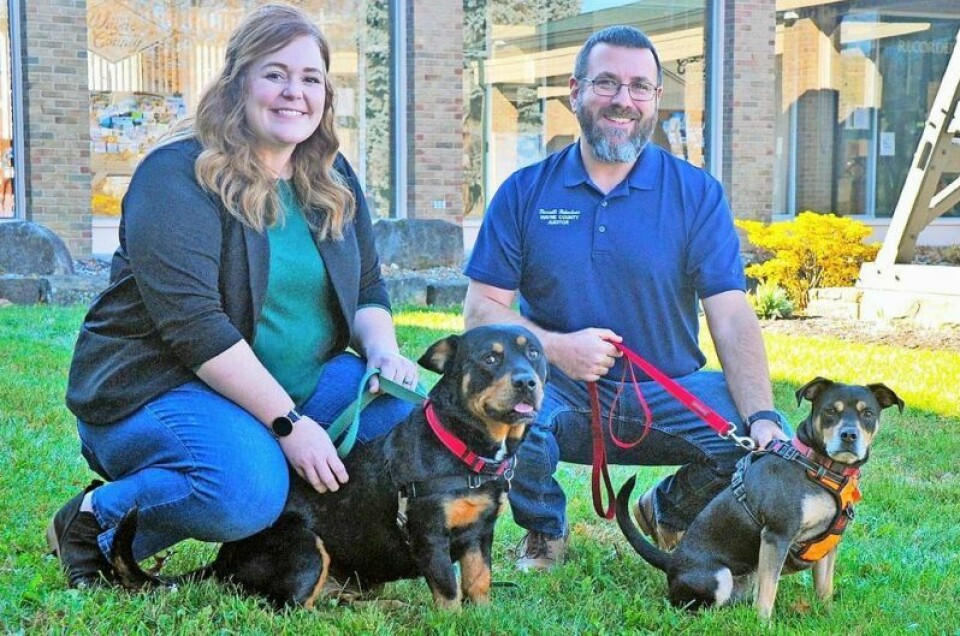 Wayne County Dog Warden and Shelter Director Katelyn Lehman, left, and Wayne County Auditor Russell Robertson pose with Sasha and Howie and remind dog owners Ohio law requires all dogs have a current license. License sales will begin Dec. 1 and end Jan. 31. Dog licensing essential; Docupet makes it easier