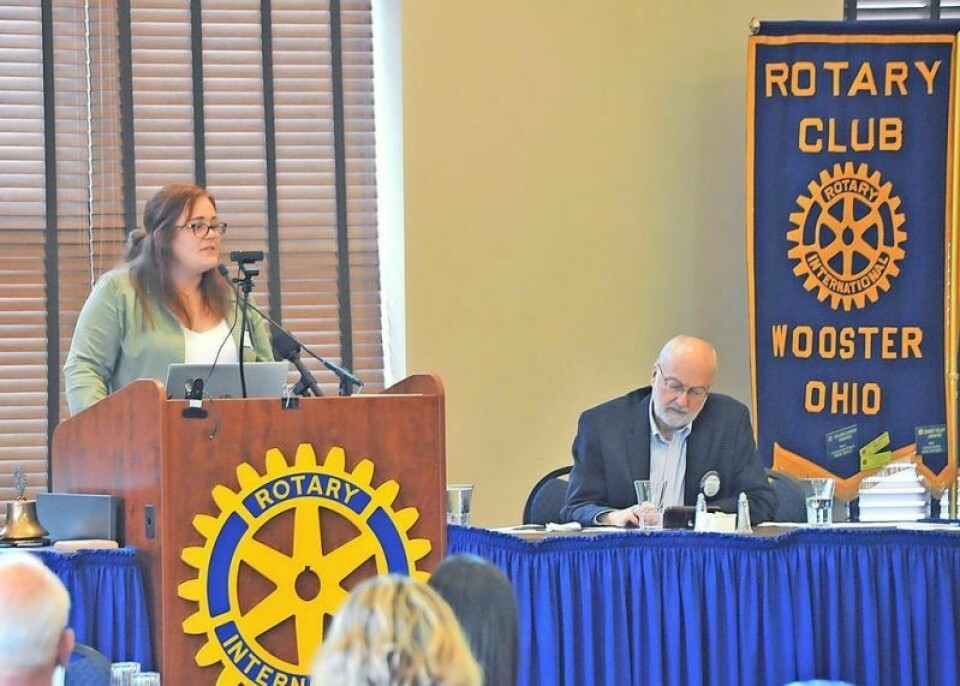 Wayne County commissioner Ron Amstutz, right, listens as Dog Shelter Director and Dog Warden Katelyn Lehman addresses the Rotary Club of Wooster. Lehman said the number of dogs admitted to the shelter continues to rise. In 2024 to date, 278 dogs have come to the shelter, and there have been 158 adoptions. Sheltered dog numbers keep rising in Wayne County