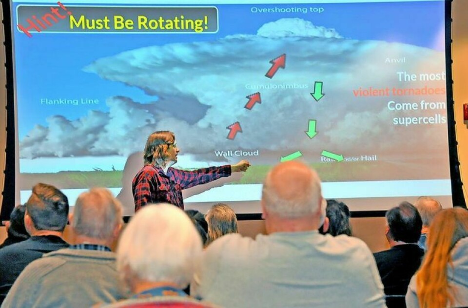 Weather forecaster Jim Sullivan teaches volunteers about threatening weather in a previously held Skywarn weather spotter class. Interested students may register to attend the April 16 class. Apply now to become a local Skywarn volunteer