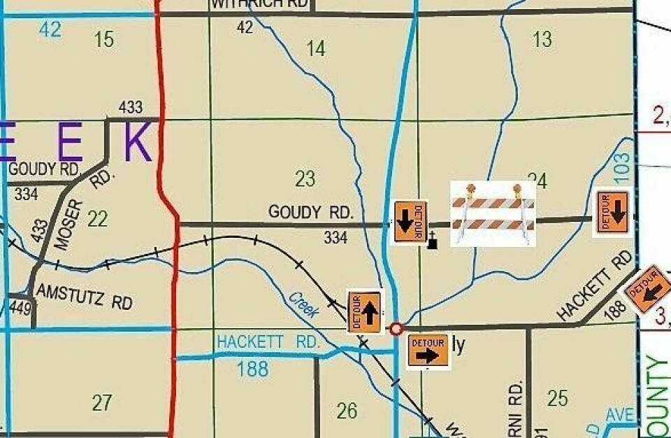 Goudy Road will be closed to through traffic between West Lebanon Road and Deerfield Road for 30 days, beginning Monday, April 1, for a bridge replacement project. Portion of Goudy Rd. closing for new bridge