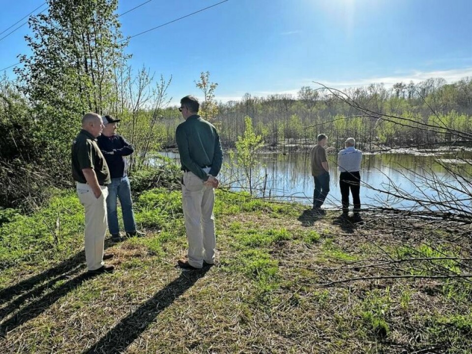 Several people attending the ribbon-cutting ceremony in honor of the county receiving a large grant to improve the wetlands in Holmes County view the current wetland area near Walmart in Millersburg. First steps made toward improving wetlands in county