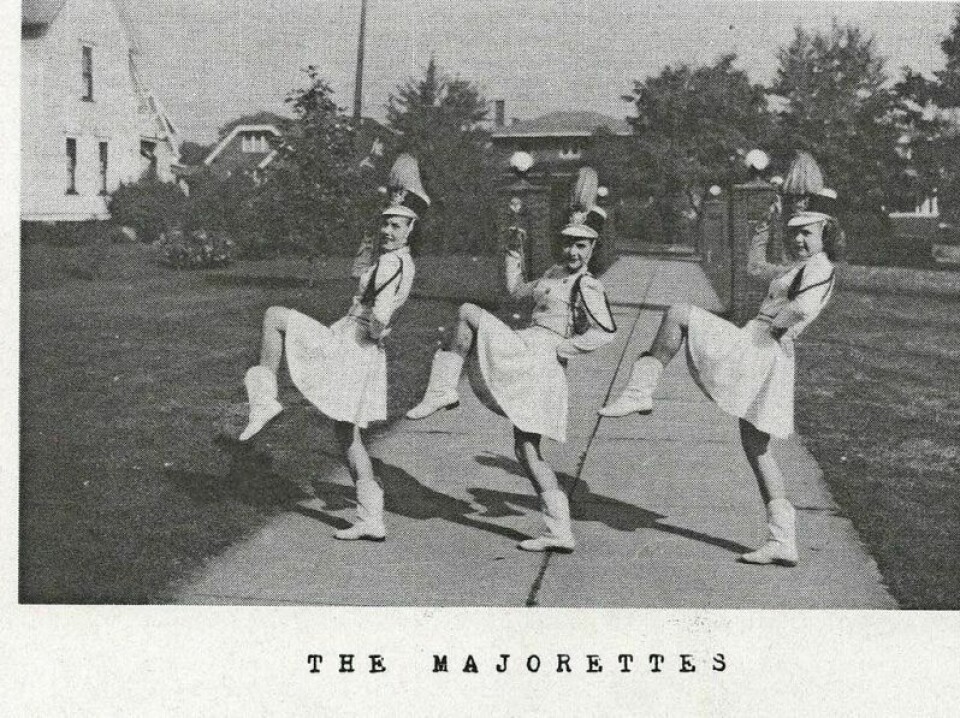The original Dalton All-Girls Marching Band majorettes, led by Donna Dale Davis, middle. Davis led Dalton High all-girl band as head majorette