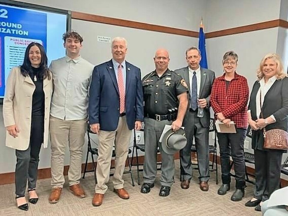 Jodi Salvo, left, Carson Norris, Ohio Sen. Al Landis, Tuscarawas County Sheriff Orvis Campbell, Buckeye Career Center Superintendent Bob Alsept, Dr. Lori Kuehne and Corinne LaMarca Empower Tusc hosts press conference on Issue 2