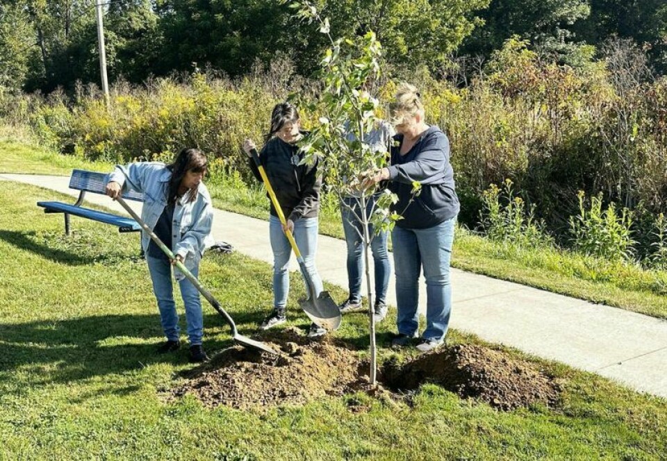 Jodi Guthrie, left, wife of Bobby Guthrie, who passed away recently following an accident, joins family members who help place dirt around the tree that honored her husband. Three trees planted to honor, remember Clark trio