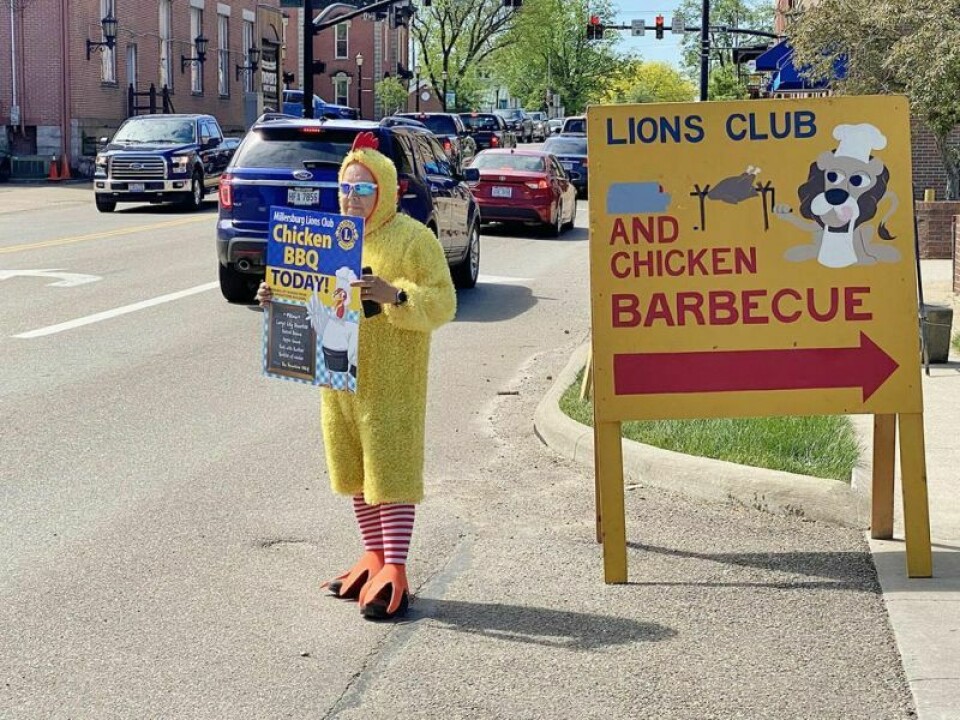 Don’t look now, but Millersburg Lions Club member Scott Brown could very well be donning this chicken outfit on May 18 to help lure people into the Lions Club chicken barbecue in Millersburg, where the chicken dinners tend to sell out quickly. Lions Club to tempt community with chicken fundraiser