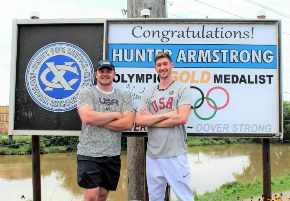 Jake Armstrong, left, poses with his Olympic gold medalist brother Hunter in 2021 in Dover. Hunter Armstrong became involved in swimming because he looked up to Jake, who also was involved in the sport. Hunter Armstrong receives Jack Kelly Fair Play Award