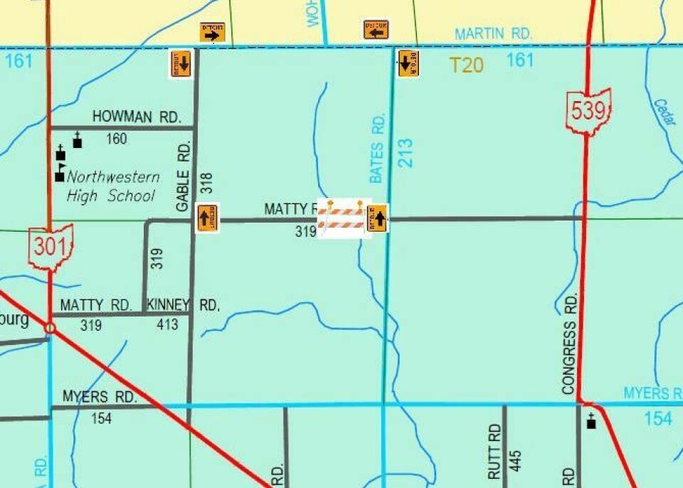 Matty Road in Chester Township will be closed to through traffic between Gable Road and Bates Road for three days, beginning Tuesday, Sept. 5, for a bridge repair project. Matty Rd. closing for 3 days