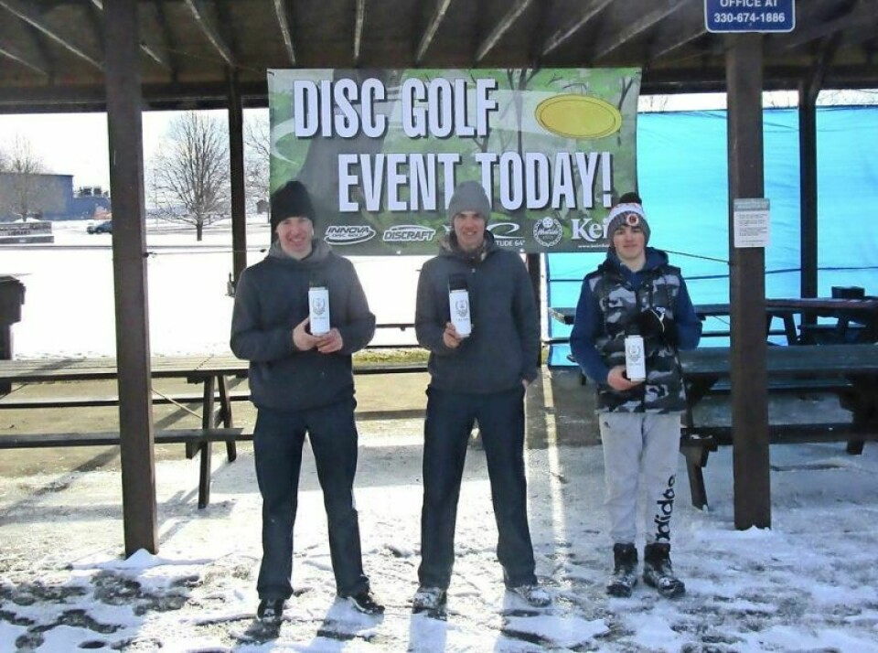 Alan Hilty, left, was the winner at the Holmes County Disc Golf Club’s third annual Lost Course tournament at Deer Run Park on Feb. 17. Anthony Hilty, middle, won a playoff for second, and Derek Yoder was third. Alan Hilty beats conditions, foes at disc golf tournament