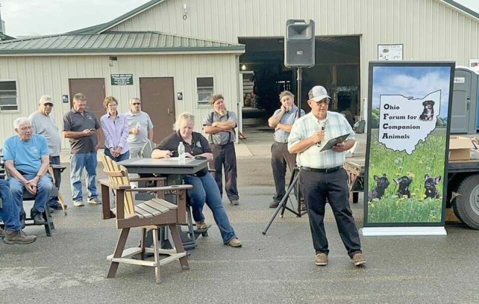 Dr. Eric Shaver, president of the Holmes County Farm Bureau, addresses the crowd about the efforts of the bureau and the gratitude they have for those who attended the recent fundraiser meal at Hershberger’s Farm and Bakery. Farm Bureau aids food pantries through Harvest for Hunger
