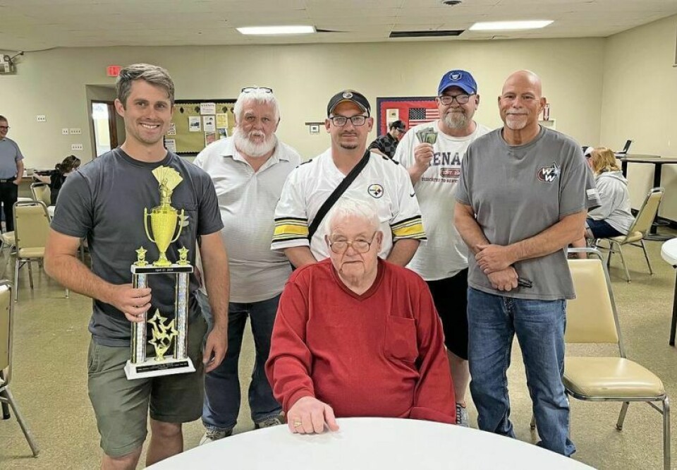 A local Texas Hold ‘em Tournament held April 27 at the Orrville American Legion raised over $2,900 for a local scholarship named in memory of Julie Mills, an Orrville resident who was a champion of various fine arts causes and passed away at age 54 last year. The winning team included Bob McFarland, front, and Stephen Lisko, back left, Mark Lemon, Rusty Rowe, Bob Shearer and Brian Wilson. Poker tournament raises money for OHS scholarship
