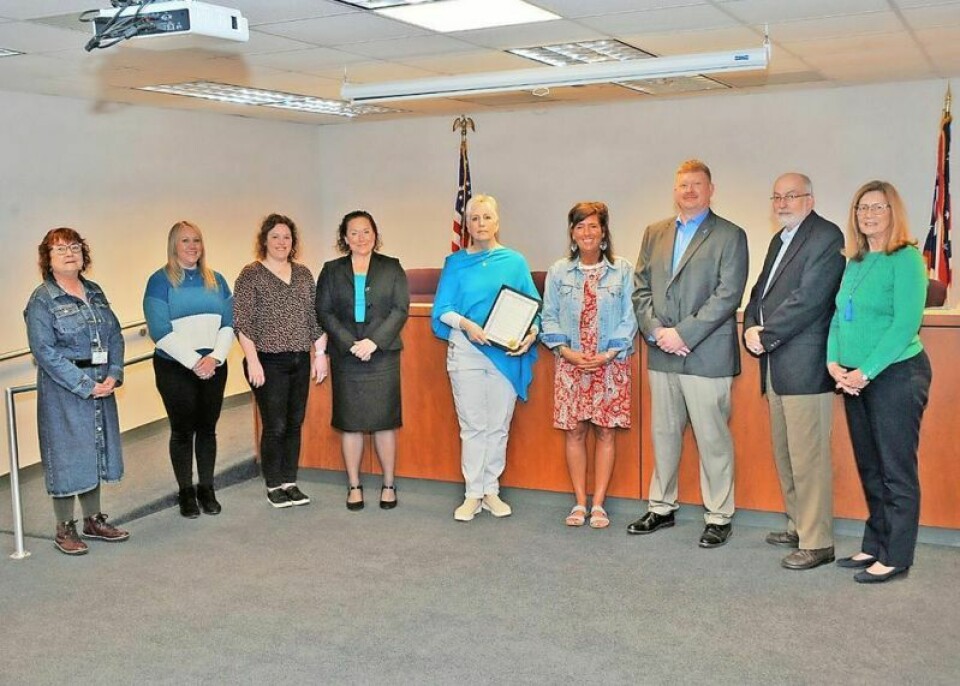 Attending the Sexual Assault Awareness Month proclamation from the Wayne County commissioners were Michelle Saurer, left, of the Children’s Advocacy Center; Jessica Musser, prosecutor’s office; Angela Wypasek, prosecutor; Gayle Byrne, OneEighty; Stacy Rehm, OneEighty; Theresa Voltz, OneEighty; and commissioners Jonathan Hofstetter, Ron Amstutz and Sue Smail. Wayne Commissioners recognize Sexual Assault Awareness Month