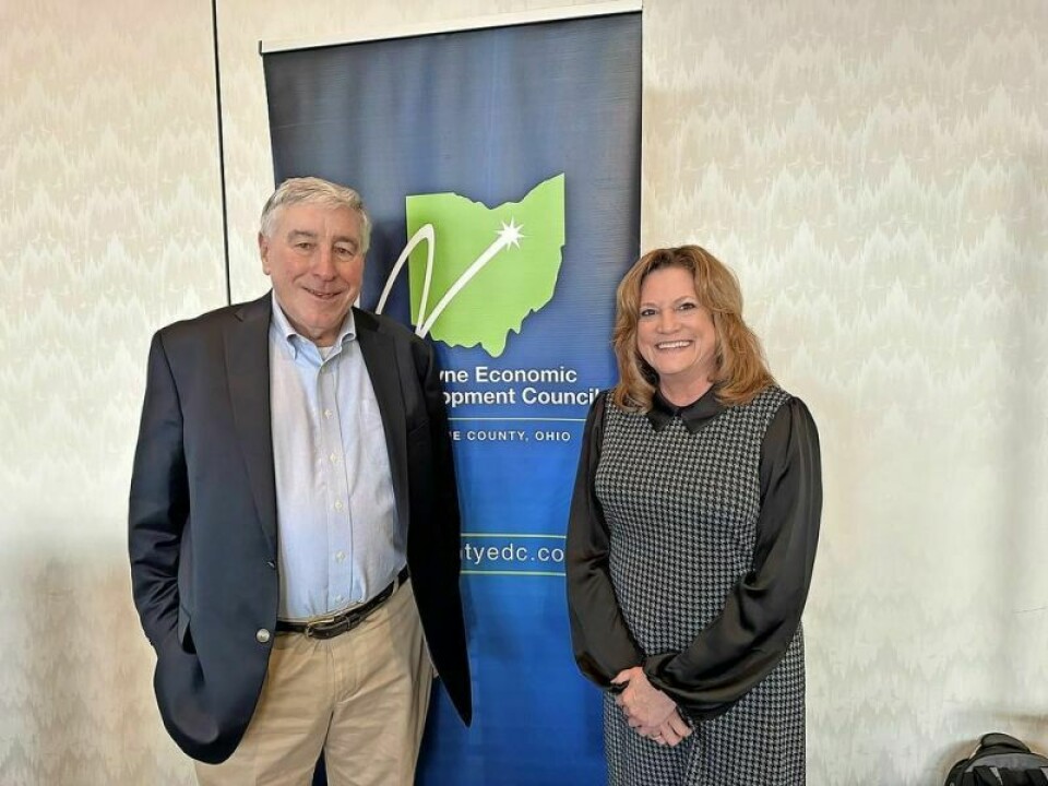 Ned Hill, left, an Ohio State University professor, discussed Wayne County's 2024 economic outlook as the speaker at the recent Briefings for Business series, hosted by the Wayne Economic Development Council and Maribeth Burns, right, WEDC president. Overall economic outlook in Wayne County is positive