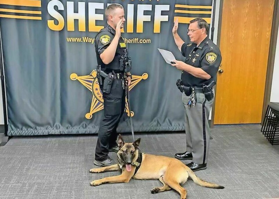 Wayne County Sheriff’s Office deputy Shane Williamson, left, and his K-9 partner Vick are sworn in by Sheriff Travis Hutchinson. Wayne Sheriff’s office welcomes K-9 deputy