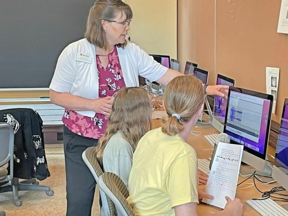 Emily Armour, an educational technologist at The College of Wooster, demonstrates how participants can edit their podcasts at a recent Exploring STEM Day. This year’s Exploring STEM Day for girls in fifth grade through seventh grade will be April 13 at the college and is a day of workshops filled with hands-on activities where female professionals in a range of STEM fields share their expertise. Exploring STEM Day for local girls is April 13 at COW