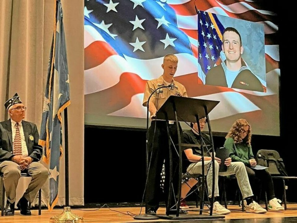 Petty Officer Second Class Brock Vassel speaks to the audience about the loss of his friend in a firearm mishap. Fairless honors veterans with ceremony and speaker