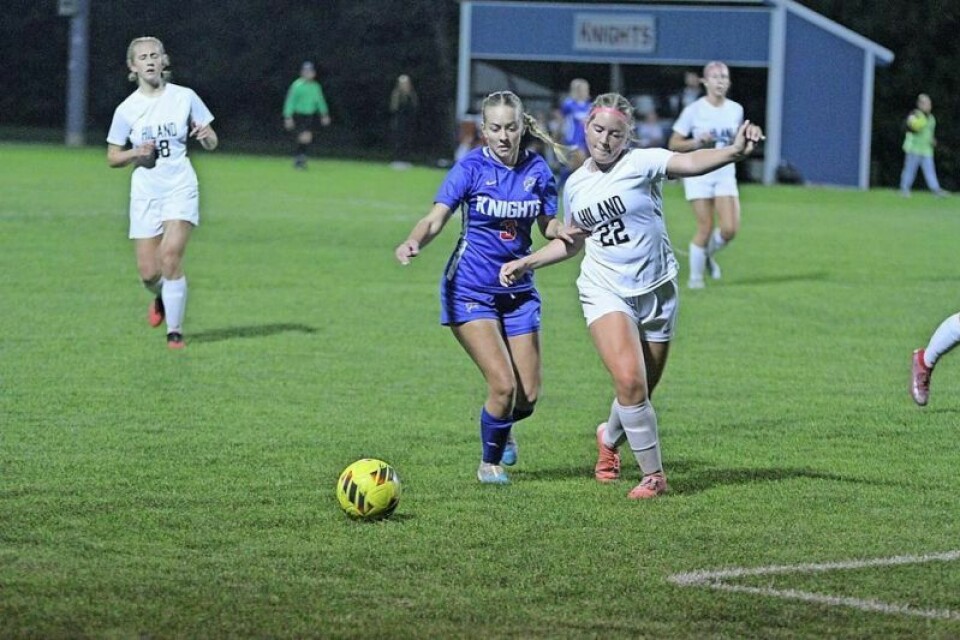 West Holmes’ Becca Miller and Hiland’s McKenna Schlabach get physical in chasing down a ball. This contest featured plenty of hard-hitting action and was ideal for preparing for what both teams hope will be a long tournament run. Rivalry game tie works just fine for Hiland and WHHS