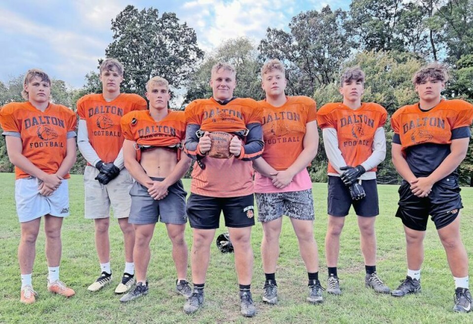 Dalton’s offensive front including tight end Kaden Russell, left, tackle Trenton Hurtt, guard Collin Jones, center Cohen Riggenbach, guard Grayson Lehman, tackle Matthew Heatwole and tackle Talan Greegor has helped lead the way to a 6-1 record entering the Bulldogs' Oct. 13 clash for the Wayne County Athletic League title at Norwayne. Dalton lays it on line for WCAL, postseason success