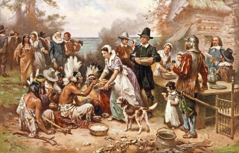 An artist's impression of the Mayflower Pilgrims' first Thanksgiving in 1621. Dates have changed, but it's always a day of giving thanks