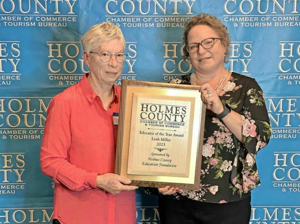 Leah Miller, left, educator of Leadership Holmes County, was presented with the chamber’s inaugural Educator of the Year. She is joined by Holmes County Education and Community Foundation Director Shasta Mast, who presented the award and was one of Miller’s early LHC students. Miller honored as chamber’s Educator of the Year