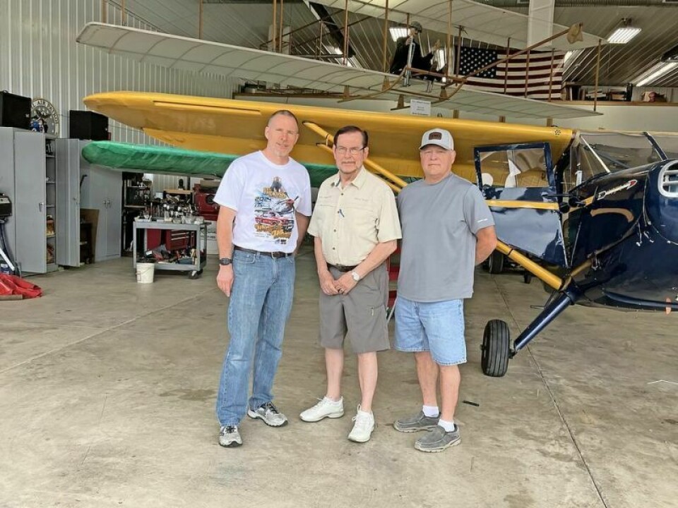 Brian Walker, owner of WBTC radio station, left; Terry Henry, Wright Flight coordinator; and Jack Foltz Jr., Marine Corps League chaplain Wings and Wheels at Harry Clever Airport Sept. 1