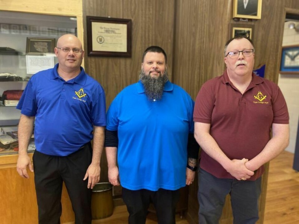 Jason “Jack” Miller, master of the lodge, with Masons Aaron Tice and Eric Huprich. Dover Masonic Lodge welcomes public to open house