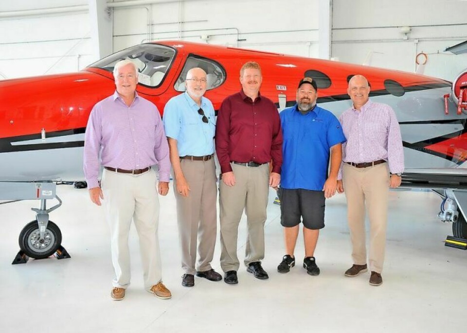 Sen. Al Landis, left, Wayne County Airport commissioners Ron Amstutz and Jonathan Hofstetter, Wayne County Airport manager Matt Long and State Rep. Scott Wiggam pose in front of an airplane during a recent visit to the airport. Wiggam said one of his top priorities as a state representative was to get funding for new, modern hangars at the airport. He brought the idea to Landis’ office earlier in the year and received his support. Wayne County receives funds for hangars, dog park