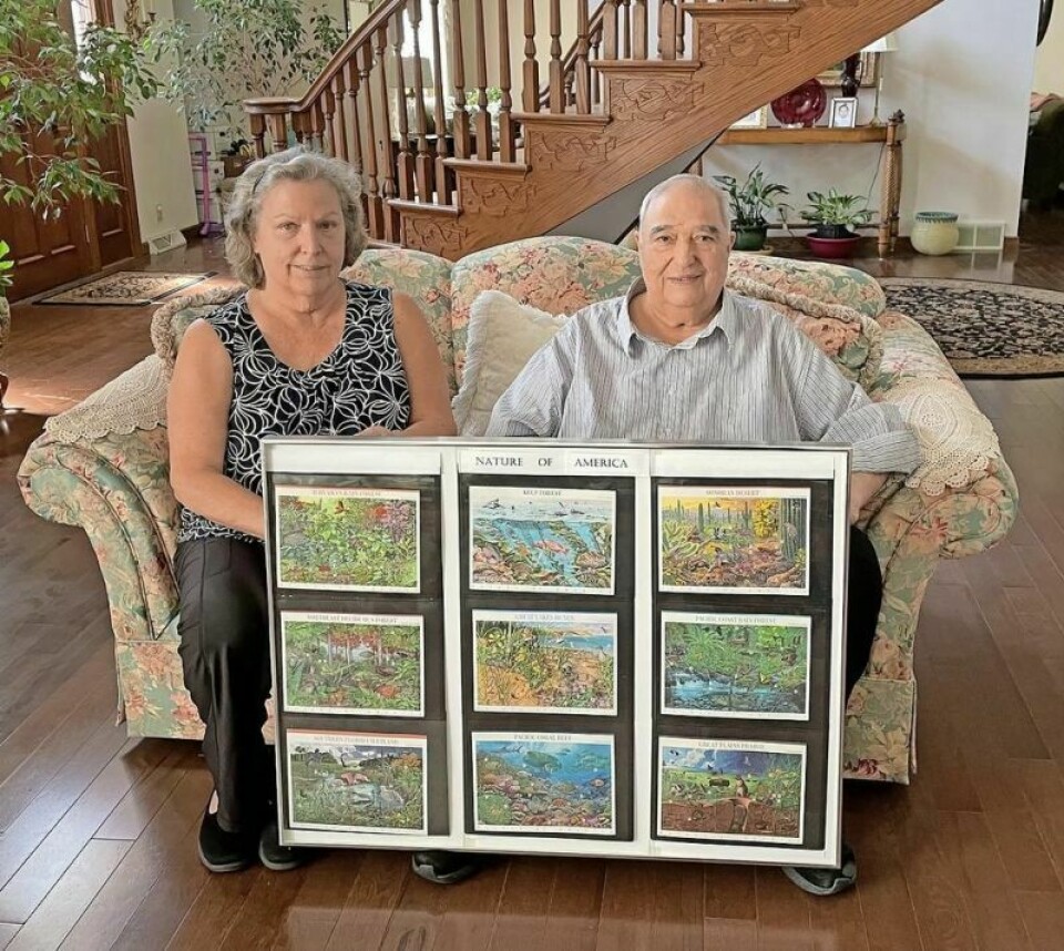 Marge Gangale, left, and husband Dominic show some of the stamps he will display at the stamp show. Stamp show highlights the Shakers arrival