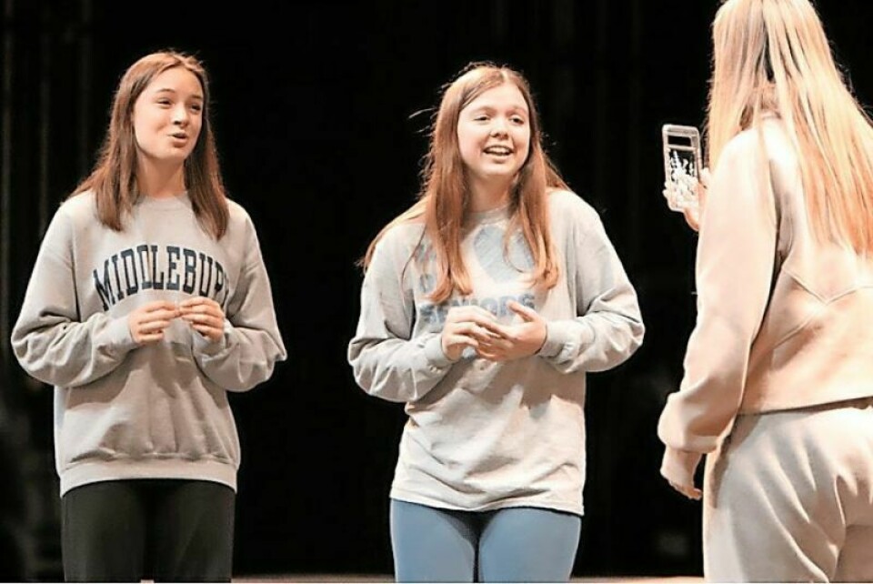 With Juliet watching, played by Lydia Dunlap, left, Rosaline, played by Emily Hammond, right, confronts Nurse Angelica, played by Mara French, over her role in Juliet’s death in a scene from “Rosaline Wrecked It All.” The three are members of the Wooster High Drama Club, which will stage the play April 5-7 at the WHS Performing Arts Center in the Ohio debut of the show. WHS play ‘Rosaline’ both Shakespearean, very modern