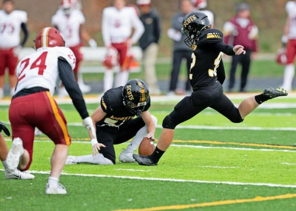 College of Wooster kicker Lake Barrett, right, is one of the 10 finalists for this year’s Fred Mitchell Award. Placekickers have to play at an NCAA Division I Football Championship Subdivision, NCAA Div. II, NCAA Div. III, NAIA or National Junior College Athletic Association school, be an elite placekicker, achieve a high level of success academically and make an impact in the community to be eligible for selection. COW’s Barrett named finalist for Fred Mitchell Award