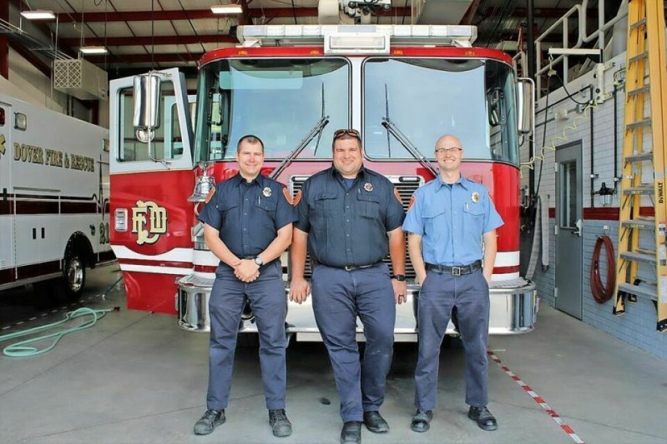 Firefighter Brent Bauman, left, engineer Matt Hamsher and Lt. A.J. Moore were on duty in 2023 at the North End Fire Department. In 2024 members of the department visited second-graders to distribute smoke detectors and talk about fire safety. Dover sending line workers to help with hurricane damage