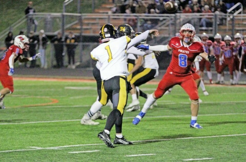 Coming after the quarterback at full tilt, Garaway defensive end Jackson Reifenschneider was able to rise up and snare this bubble screen attempt one-handed, then went untouched the final 30 yards for a pick-six score that led to Garaway’s second touchdown. Turnovers spur Pirates’ 42-7 blitzkrieg over Northmor