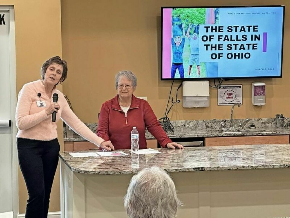 Kerry MacQueen, left, Holmes County General Health District and co-chair of Standing Against Falls Coalition of Holmes County, explained the results of a recent falls survey taken in Holmes County. Joining her with a life-experience story of a pair of dangerous falls is former nurse Lois Fowler. Senior survey focuses on reducing falls in Holmes County