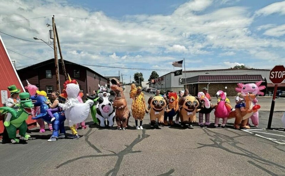 This is only a part of the nearly two dozen staff members from Berlin Elementary who donned inflatable outfits for a boisterous race on the school's final day. Berlin Elementary presents a fairy tale race for the ages