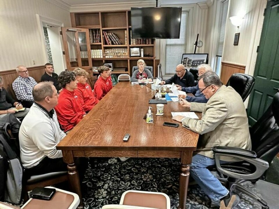 Members of the Hiland golf team visited with the Holmes County commissioners on Monday, Oct. 30. Included on the left side of the table are head coach Austin Kaufman, Camden Bille, Monty Coblentz, Andrew Beun and Grant Bille. Missing were teammate Jack Mast and West Holmes’ Trey Baker. Commissioners honor state golfers with proclamation