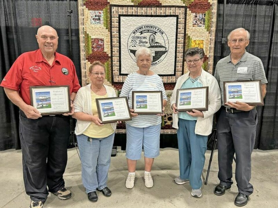 The five recipients of the Wayne County Agricultural Society Outstanding Volunteer Service Award were Ronald Grosjean, left, Joyce Ritchie, Betty Boreman, Janet Borton and Henry Blubaugh. Five to receive the Outstanding Volunteer Service Award at fair