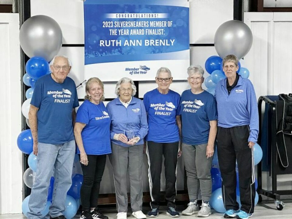 Over the past three years, Cheryl’s L.I.F.E. Fitness has produced five national top 10 finalists for the Tivity Health SilverSneakers award. Top 10 finalists Owen Mellor, left, Mary Bridenthal, Betty McNutt and Patricia Young join this year’s recipient Ruth Ann Brenly, third from the left, and Cheryl Seabright, right, who received the SilverSneaker’s Instructor of the Year last year. Inspirational Brenly honored by SilverSneakers