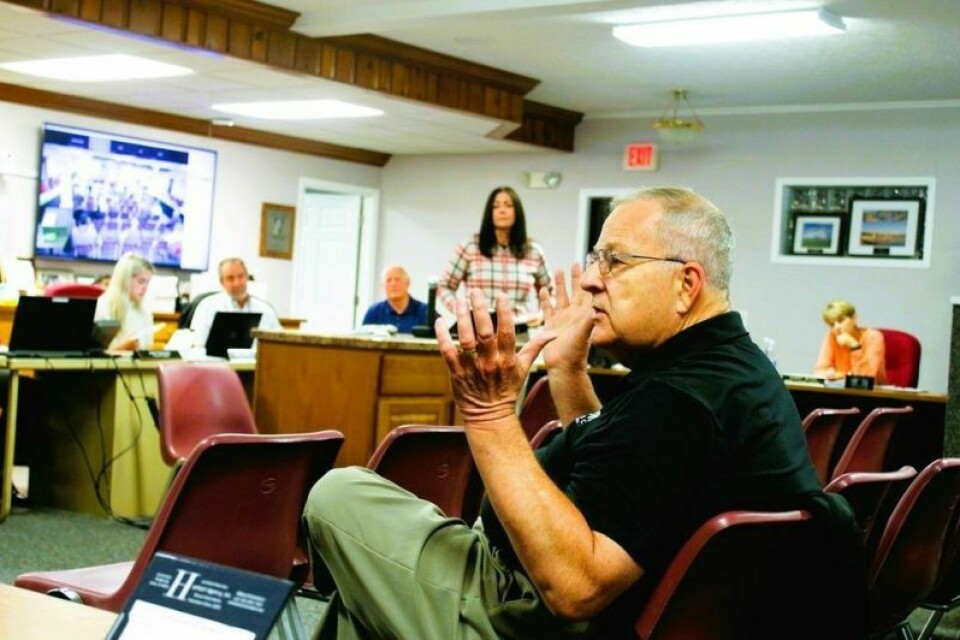 Kerry Metzger, with Empower Tusc, said if Issue 2 passes it would have disastrous effects in schools. Here he helps answer a question from council. Standing in the background is Jodi Salvo of Empower Tusc, who made a presentation to council on the issue. Dover K-9 memorial to be dedicated Nov. 4