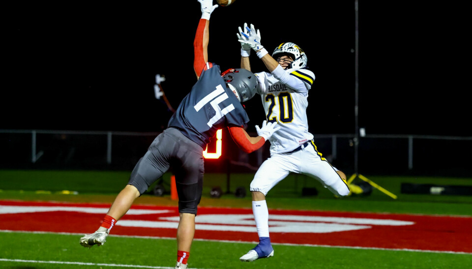 Norwayne defensive back Carter Miller breaks up this pass to Hillsdale's Kyle Turk.